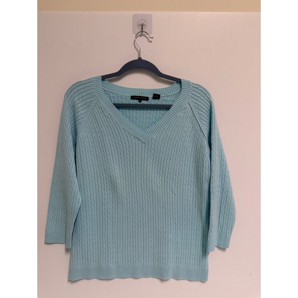 Jeanne Pierre Womens Light Blue Cable Knit V-Neck 3/4 Sleeve Cotton Sweater L